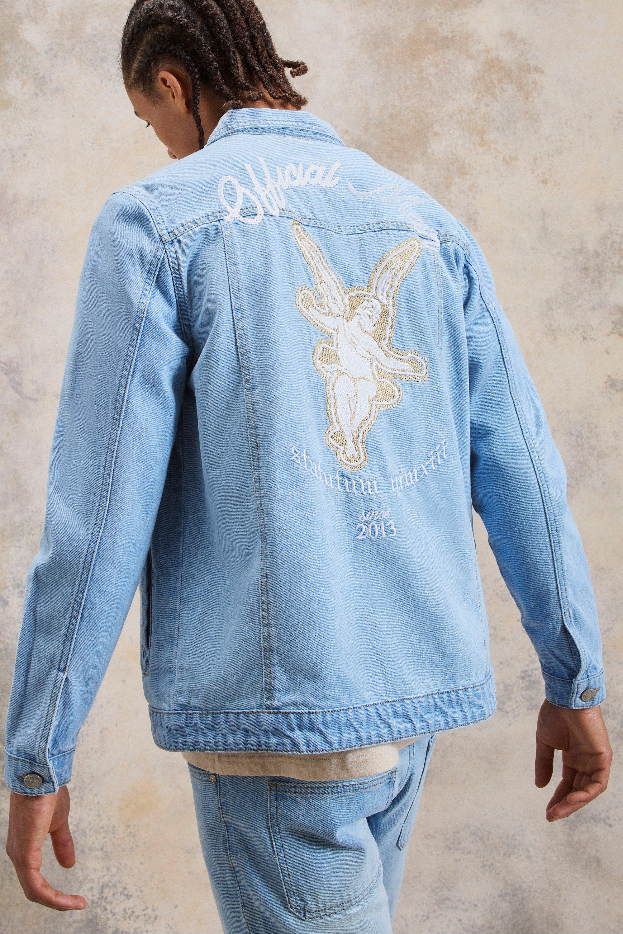 Mens denim hotsell jacket with embroidery